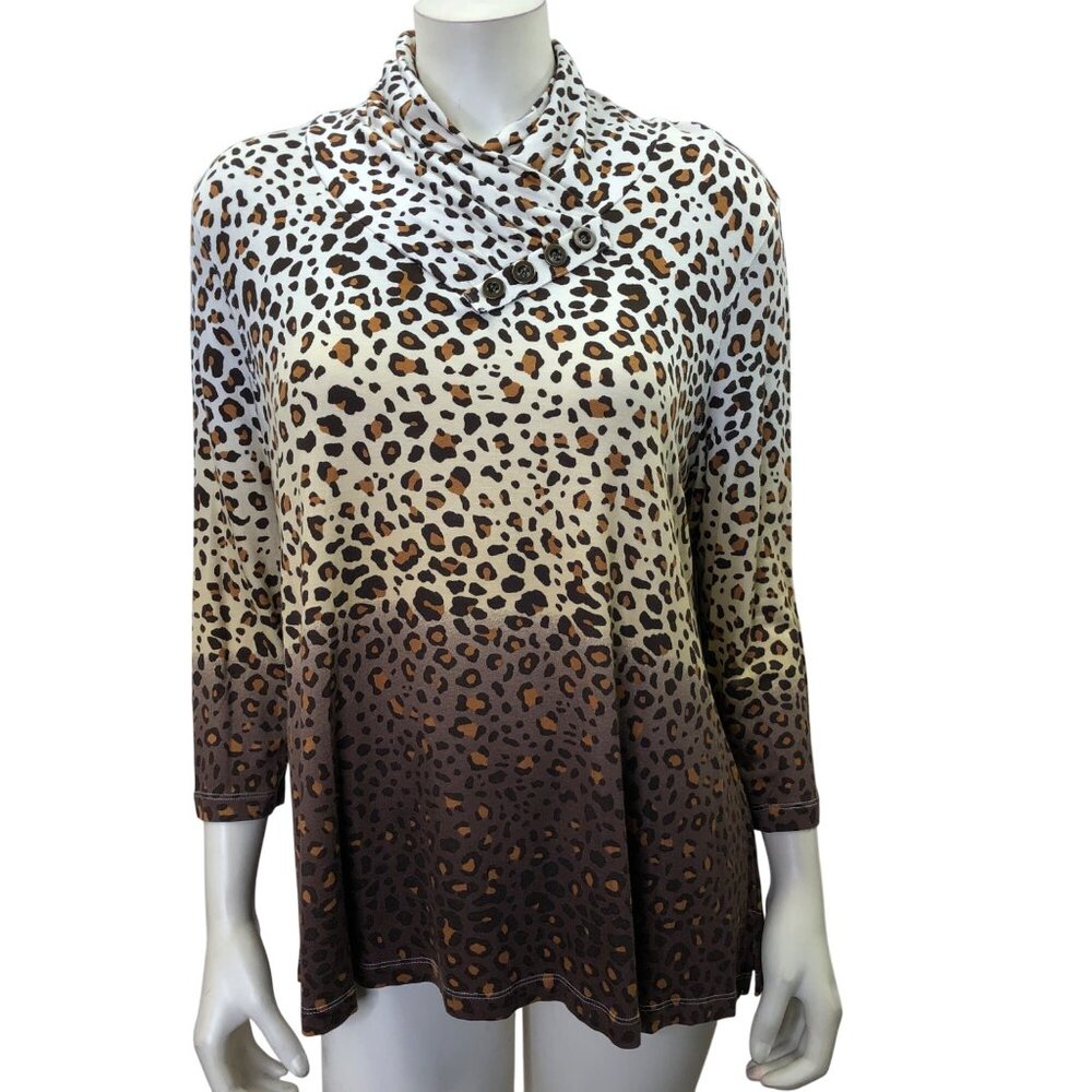 Multiples Animal Print‎ Cowl NeckTunic Top With Button Accent Womens Pet L NWT